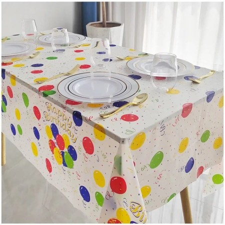 Fata de Masa, Flippy, din PEVA, Imprimeu Happy Birthday cu Baloane, 137 x 274 cm, Impermeabila, Fara Pete, Curatare Rapida, Multicolor