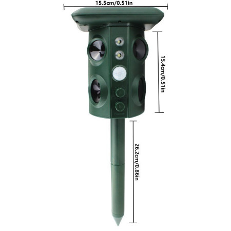 Aparat Solar LED cu Ultrasunete și Vibrații, Repelent Animale Mari și Mici, Senzor PIR, Lumini Roșii, Frecvență 13.5-45.5 KHz, IP54, USB & Solar, 15.5x15.4x26.2 cm, Verde