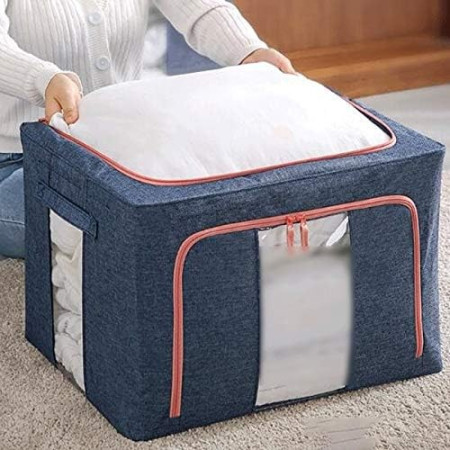 Cutie de Depozitare Pliabilă, 66L, Material Textil, Cadru Metalic, Fermoar Dublu, Fereastră Frontală și Laterală, 50x40x33 cm, Albastru Marin
