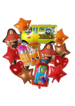 Baloane decorative Back to School, Flippy, Set MIX 12 baloane, Autobuz Mere Stele Rechizite, din folie de aluminiu, 40 x 80 cm, Adeziv si pai inclus, Rosu Multicolor