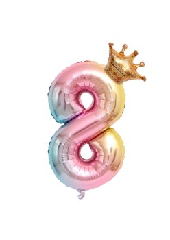 Balon din Folie Metalizata, Flippy, Figurina Cifra Gradient, Tema Aniversare 80 cm, Ambalaj Individual, Pai inclus, Umflare cu Aer sau Heliu, Coronita, Cifra 8