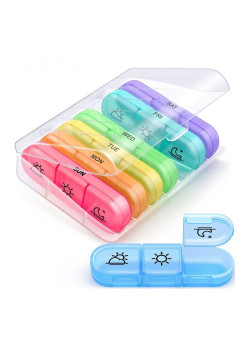 Cutie Depozitare Medicamente, Flippy, 7 Zile, 21 Compartimente, Cutie Suport, Recipiente Detasabile, Portabila, Multicolor, Cutie Transparenta, 15.6x12 cm