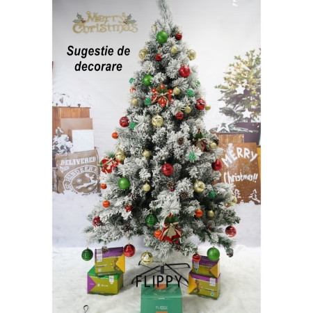 Brad artificial de Craciun nins, decorat cu conuri pin, pentru interior/exterior, inaltime 210 cm, diametru 131 cm, 630 ramuri, Flippy, alb/verde, suport metalic inclus