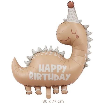 Balon din Folie Metalizata, Flippy, Figurina Animata, Model Dinozaur Happy Birthday, 80 x 77 cm, Ambalaj Individual, Pai Inclus, Umflare cu Aer sau Heliu, Maro