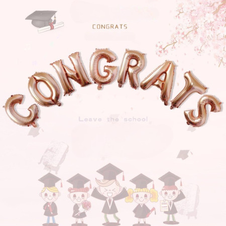 Set 8 Baloane din Folie Metalizata, Flippy, Model Scris Congrats, Litere de 40 cm, Tema Absolvire, Baloane Party, Ambalaj Individual, Pai Inclus, Umflare cu Aer sau Heliu, Roz