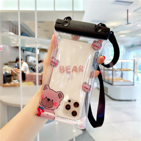 Husa subacvatica Fruity Waterproof Flippy, Snowproof, Universala, Impermeabila, cu Snur, pentru telefon sau documente, Berry Bear, Negru