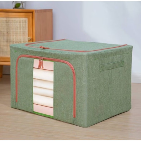 Cutie de Depozitare Pliabilă, 66L, Material Textil, Cadru Metalic, Fermoar Bidirecțional, Fereastră Frontală, 50x40x33 cm, Verde