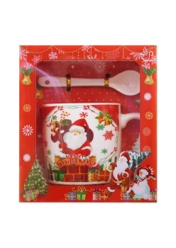 Set cana ceramica cu lingurita Flippy, 200 ml, tematica Mos Craciun cu sac de cadouri, multicolor