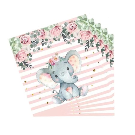 Set 20 de Servetele de Masa, Flippy, Imprimeu Elefant, din Hartie, 16.5 x 16.5 cm, Roz