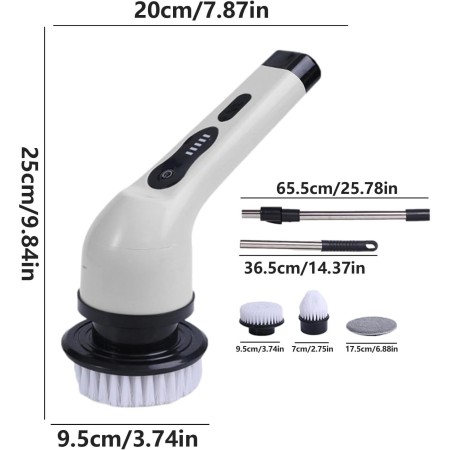 Perie Electrica de Curatare, Flippy, pentru Gresie, Baie, Bucatarie, 25x20x9.5 cm, cu 9 Capete, Maner Extensibil Detasabil 84-127cm, Incarcare USB-Type C, Rotire 360 de Grade, 3000 mAh, Culoare: Alb