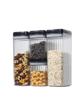 Cutii de Depozitare Alimente, Flippy, Set din 4 Cutii de tip Container, Recipiente pentru Cereale in Bucatarie, Transparente cu Capac Negru