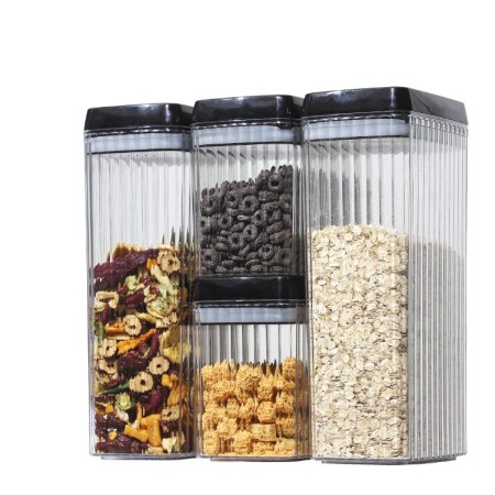 Cutii de Depozitare Alimente, Flippy, Set din 4 Cutii de tip Container, Recipiente pentru Cereale in Bucatarie, Transparente cu Capac Negru