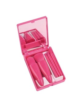Set 5 Mini Pensule de Machiaj, Flippy, Portabile, in Carcasa cu Oglinda, din Par Sintetic Moale, Fucsia, 12x7x2.5 cm