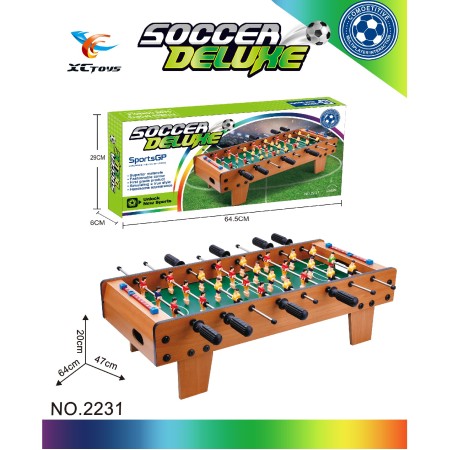 Masa de fotbal cu teren  Flippy, 8 manere, cu Tablou Scor, din Metal, Lemn si ABS, 64.5x6x29 cm, cu Picioare Scurte, Design Maro-Verde, pentru copii/adulti