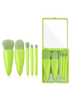 Set 5 Mini Pensule de Machiaj, Flippy, Portabile, in Carcasa cu Oglinda, din Par Sintetic Moale, Verde Lime, 12x7x2.5 cm