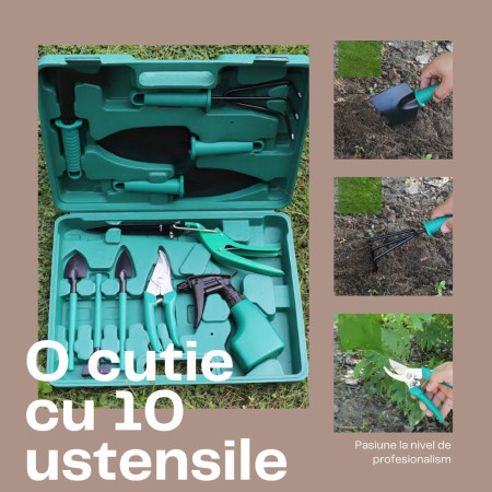 Set 10 Unelte de Grădină cu Geantă Depozitare, Oțel Inoxidabil, Accesorii Complete, 37 x 28 cm, Verde