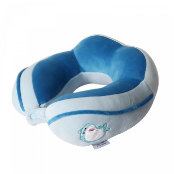 Pernă de Călătorie pentru Gât și Cap, Design Ergonomic, Umplutură Moale din Bumbac, Model Brodat Delfin, 28x28x10 cm, Albastru