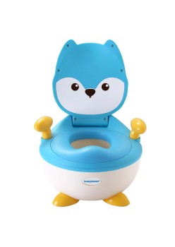 Olita pentru Copii, Flippy, +6 luni, Compartiment Detasabil, cu Capac, Antiderapanta, din Plastic, Colac Moale, Model Animat Vulpe, cu Maner, 34.5 x 35 x 23 cm, Albastru/Alb