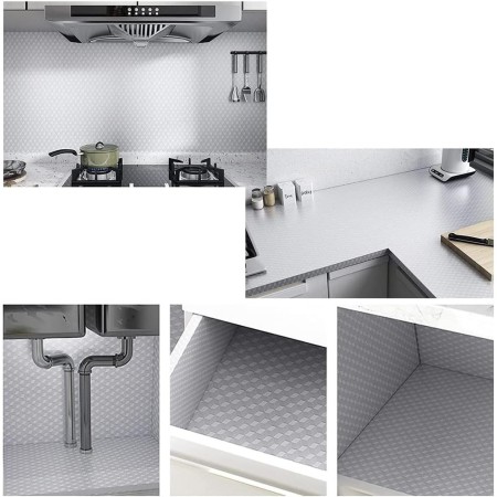 Autocolant de Bucatarie, Flippy, Autoadeziv, Impermeabil, Rezistent la Temperaturi Ridicate, din PVC, 40 x 300 cm, Model Cub 3D, Argintiu