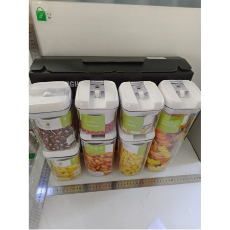 Set 7 cutii de depozitare alimente, condimente, diferite dimensiuni, Flippy, Transparente-albe