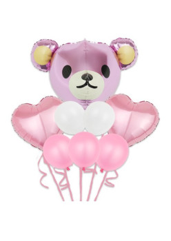 Set Baloane Aniversare, Flippy, set din 8 bucati, 1 bucata urs mare, 2 inimi folie,5 simple din latex Baby Girl, 60 cm Roz