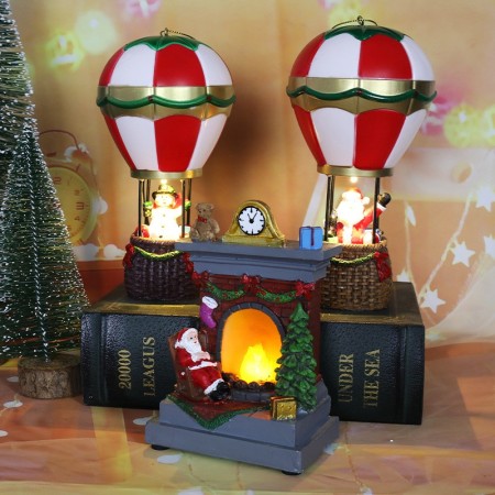 Decoratiune de Craciun tip Balon cu Aer Cald, Flippy, Balon cu Mos Craciun, din Rasina, Model Balon cu Aer Cald si Mos Craciun Iluminare LED, 17 x 5 x 5 cm, Gri Rosu