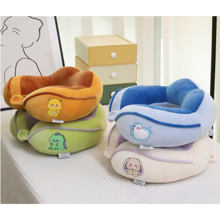 Pernă de Călătorie pentru Gât și Cap, Suport Ergonomic, Umplutură Moale din Bumbac, Model Brodat Urs, 28x28x10 cm, Portocaliu