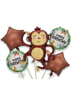 Baloane pentru aniversare, Flippy, tematica Happy Birthday, set 5 baloane, 1 Maimuta 85 x 89 cm, 2 Stele, 2 Rotunde, din folie de aluminiu, pai de carton inclus, Maro