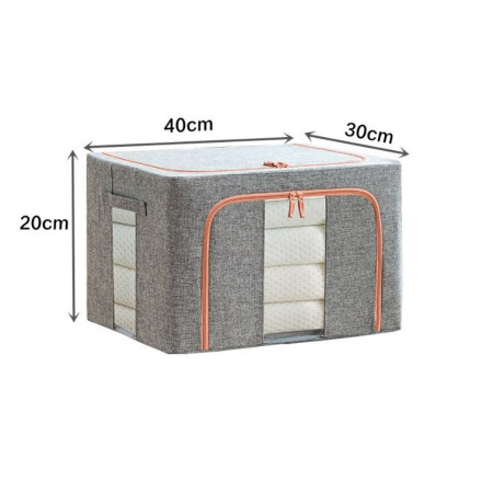 Cutie de Depozitare Pliabilă, 24L, Bumbac și In, Cadru Metalic, Bază Stabilă, Două Ferestre (Frontală și Laterală), 2 Uși cu Fermoar Bidirecțional, 40x30x20 cm, Gri