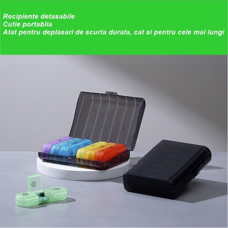 Cutie Depozitare Medicamente, Flippy, 7 Zile, 21 Compartimente, Cutie Suport, Recipiente Detasabile, Portabila, Recipiente Colorate, Cutie Neagra, 15.6x12 cm