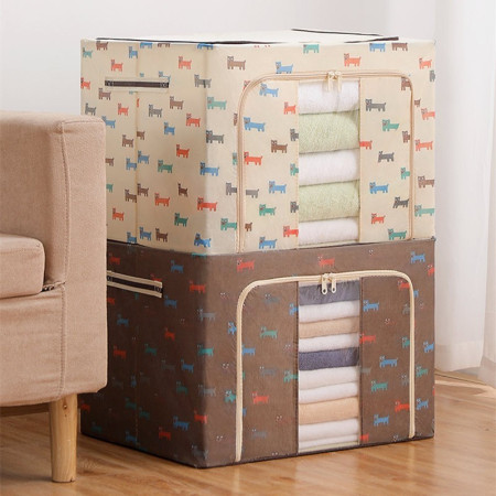 Cutie Depozitare Pliabilă, 66L, Pânză Oxford, 50x40x33 cm, Fereastră Transparentă, 2 Uși Fermoar, Cadru Metalic, Imprimeu Cățeluș, Bej