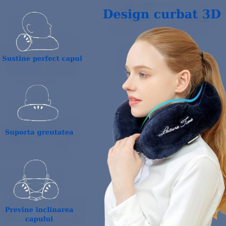 Pernă de Călătorie pentru Gât, Bumbac Moale, Suport Ergonomic cu 4 Puncte de Susținere, Ajustabilă, Albastru