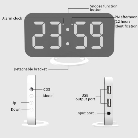 Ceas digital cu LED, Flippy, multifunctional, afisaj digital, alarma, 2 porturi USB de iesire, ecran tip oglinda, modern, 15.8 cm, alb