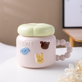 Cana ceramica, Flippy, Model Cute, cu capac, Roz