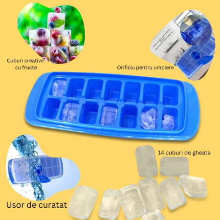 Forma pentru gheata cu capac, plastic alimentar, orificiu umplere, 29.5 x 12.5 x4 cm, 14 cuburi, Albastru