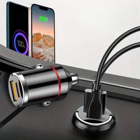 Incarcator Auto 2 in 1, Flippy, Port USB Fast Charge QC3.0 si Type C, PD 30W, Negru