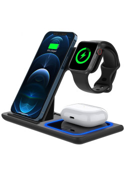 Incarcator Wireless Flippy, Statie Incarcare 3 In 1 Qi Fast Charger 15W, Incarcare Rapida, Compatibil Cu Apple Watch Toate Seriile Airpods Toate Modele si Iphone Android Samsung Huawei Xiaomi, Quick Charge, Negru