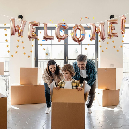 Set Baloane din Folie Metalizata, Flippy, Model WELCOME!, Litere de 40 cm, Baloane Party, Ambalaj Individual, Pai Inclus, Umflare cu Aer sau Heliu, Roz