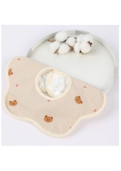 Baveta din Bumbac pentru Copii, Flippy, 0-12 Luni, Rezistenta la Apa, cu Capse, Design 3D, Model cu Ursuleti, Crem