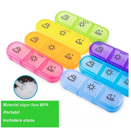 Cutie Depozitare Medicamente, Flippy, 7 Zile, 21 Compartimente, Cutie Suport, Recipiente Detasabile, Portabila, Multicolor, Cutie Transparenta, 15.6x12 cm