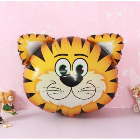 Balon din Folie Metalizata, Flippy, Mini Figurine Animalute, Model Tigru, Tematica Aniversare, 38x31 cm, Ambalaj Individual, Pai Inclus, Umflare cu Aer sau Heliu, Multicolor
