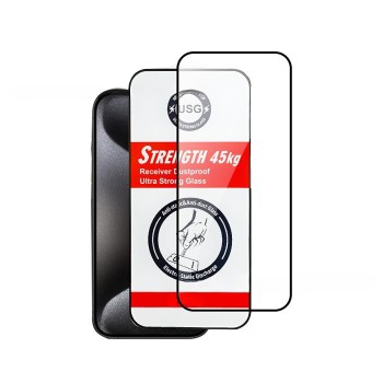 Folie de Protectie, Flippy, pentru iPhone 15 Pro, Tempered Glass USG, Ultra Rezistent 45kg, Full Cover, Antistatica, Margini Negre, Transparent