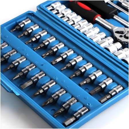 Chei tubulare Set 46 de Piese, Flippy, Trusa Scule de Reparatii Auto, Prelungitoare Rigid si Flexibil, Articulatie Cardanica, Antrenor de Forta Glisant, Adaptoare, Maner pentru Surubelnita, 23 x 12 x 4 cm, 1.9 kg, Cutie Albastra