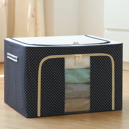 Cutie de Depozitare Pliabilă Premium, 100L, Țesătură Oxford Impermeabilă, Cadru Metalic, Fermoar Dublu, Fereastră Transparentă, Imprimeu cu Buline, 60x42x40 cm, Albastru Marin