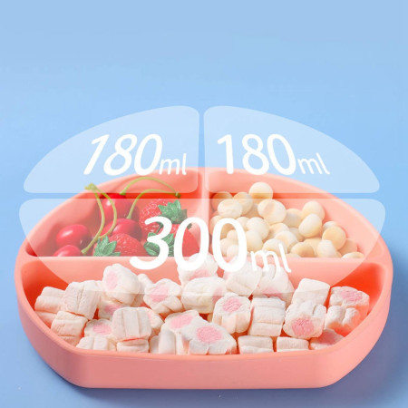 Accesorii diversificare bebelusi 5 piese din silicon, farfurie compartimentata, bol si baveta cu ventuza, tacamuri, fara BPA, roz