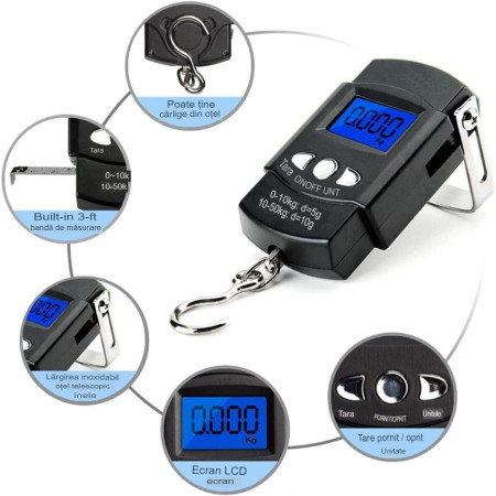 Cantar Digital de Mana, Capacitate 50 kg, Metru Incorporat, 20.5 x 6 x 2.5 cm, Negru
