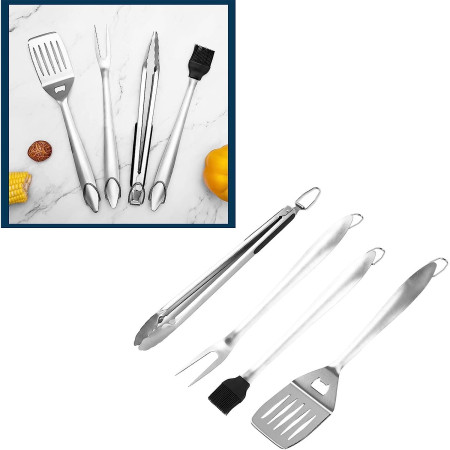 Set 4 ustensile pentru gratar Flippy, din otel inoxidabil, cu agatatoare, rezistente la temperaturi ridicate, argintiu