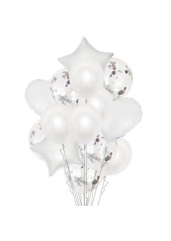 Set 14 Baloane din Folie Metalizată si din Latex, Flippy, Figurine Stea si Inima 45 cm, Baloane Latex 30 cm, Tema Buchet, Ambalaj Individual, Pai Inclus, Umflare cu Aer sau Heliu, Argintiu