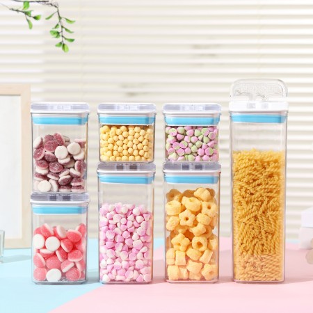 Cutii de Depozitare Alimente, Flippy, Set din 7 Cutii de tip Container, 2x0.5 l, 2x0.8 l, 2x1.2 l, 1x1.9 l, Recipiente pentru Cereale in Bucatarie,  Transparente cu Capac Albastru-Alb
