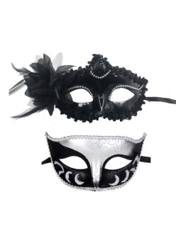 Set 2 Masti de Cuplu, Flippy, pentru Carnaval, Bal Mascat, Marime Universala, Model Floare Laterala si Margele, Model Clasic Fluture, Negru Argintiu